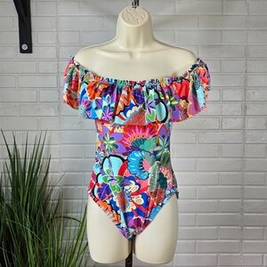 Bleu Rod Beattie Colorful Floral Off The Shoulder Ruffle One Piece Swimsuit Sz 6